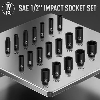 DISEN 19 Pcs 1/2" SAE Impact Socket Set, Deep Sockets 3/8"- 1-1/2", 6-Point Cr-V & Alloy Steel, 1/2 Inches Drive Impact Socket Set,Rugged Construction, Enhanced Storage Case - style: 1/2" SAE Impact Socket Set