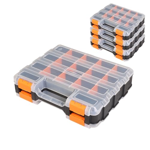 Jack Boss Tool Box with Transparent Lid, Double Side 34-Compartments Organizer Box with Removable Dividers for Hardware, Screws, Bolts, Nails, Beads, Jewelry and Fishing Accessories, Orange, 4 Pack - color: Orange, size: 4 PACK
