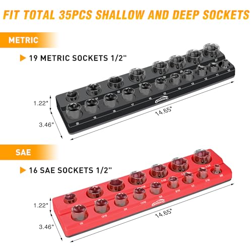 GOOACC 1/2" Magnetic Socket Organizer Set, 2 Pieces Metric & SAE Socket Drive Holders, 1/2 inch Drive Socket Organizer Trays Holds 35 Standard Sockets for Tool Box - size: 2PCS 1/2" SAE & Metric Red Black