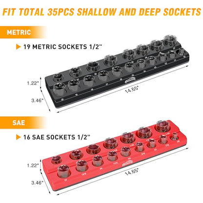 GOOACC 1/2" Magnetic Socket Organizer Set, 2 Pieces Metric & SAE Socket Drive Holders, 1/2 inch Drive Socket Organizer Trays Holds 35 Standard Sockets for Tool Box - size: 2PCS 1/2" SAE & Metric Red Black