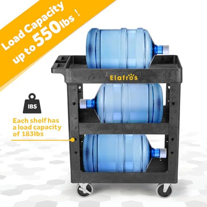 ELAFROS 3-Shelf Heavy Duty Plastic Rolling Utility Cart, 34 x 17 x 38.5 in | 550 lbs Capacity, Deep Shelves, 4 Swivel Wheels, Service Cart, Tool Cart, Work Cart, Garage Warehouse Shop Storage Organizer