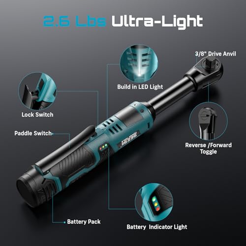 Seesii 3/8" Cordless Electric Ratchet Wrench for Car Repair | 6" Long Neck, 40 ft-lbs, 220 RPM, 2×2.0Ah Batteries & Fast Charger, 7 Sockets + 1/4" Adapter, LED Light