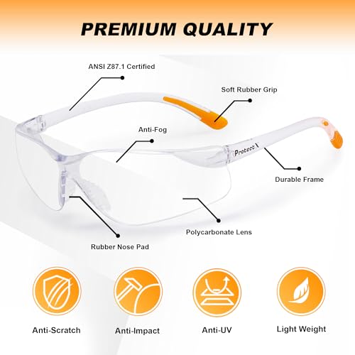 ProtectX Safety Glasses for Men & Women, Safety Sunglasses with Anti-Fog Scratch Resistant Lenses, Non-Slip Grips, ANSI Z87.1 - color: Olympus Clear 12 Pk