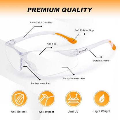 ProtectX Safety Glasses for Men & Women, Safety Sunglasses with Anti-Fog Scratch Resistant Lenses, Non-Slip Grips, ANSI Z87.1 - color: Olympus Clear 3 Pk