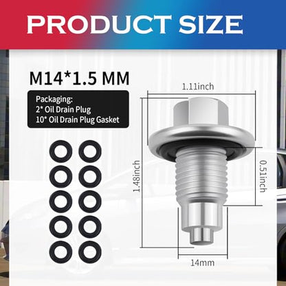 2PCS M14×1.5 Magnetic Oil Drain Plug,Replacement OEM#90009-PY3-000/6506214AA Oil Pan Drain Plug with 10PCS Oils Drains Plugs Gasket,Car Accessories Compatible with Honda/Yamaha/Audi (M14×1.5, 2PCS) - color: M14×1.5, 2pcs