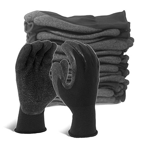 Evridwear Crinkle Latex Rubber Hand Coated Safety Work Gloves for Men Women General Multi Use Construction Warehouse Gardening Assembly Landscaping,Black Medium 12 Pairs Pack - color: Black, size: Medium