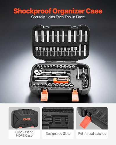 VEVOR Socket Set, 70 Pieces, 1/4 inch Drive Socket and Ratchet Set, SAE and Metric, Deep and Shallow, Mechanic Tool Kit with Bits, Accessories and Storage Case, CR-V Alloy Steel, for Automotive Repair - size: 1/4", style: 70 PCS
