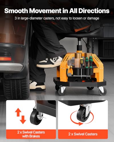 VEVOR Mechanic Stool Dual Storage Trays Rolling Stool and Garage Stool with Adjustable Height 23.6–29.5 in,Soft Waterproof Cushion 360° Swivel Casters 330 LBS Capacity Heavy Duty - color: Yellow