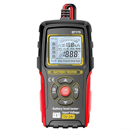 Car Battery Tester, BT175 Digital Automotive Battery Tester for Cars, Motorcycles — 8V–36V Range, Auto-Identification, CCA, Voltage, Internal Resistance (mΩ), SOC, Health Status