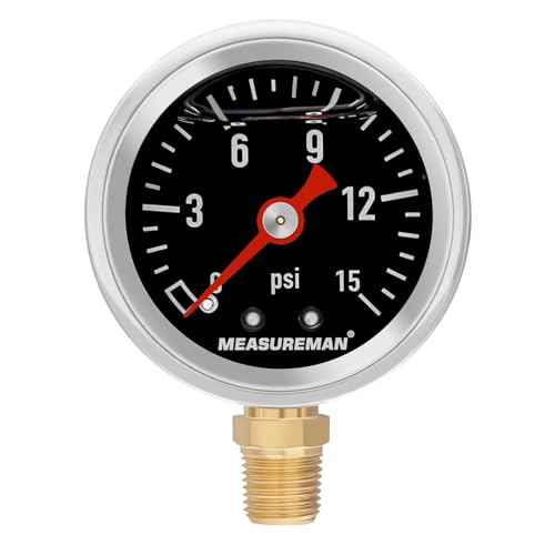 MEASUREMAN 1-1/2" Dial Size Black Dial, Glycerin Filled Fuel Pressure Gauge, 304 Stainless Steel case, 0-15Psi, -3-2-3%, 1/8" NPT Lower Mount - size: 0-15 psi, style: Lower Mount (Black Dial)