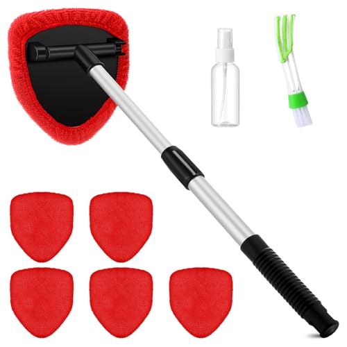 Potchen 8 Pcs Car Windshield Cleaner Tool Kit with Extendable Handle, Microfiber Towel Pads, Brush, Empty Spray Bottle for Auto Glass Wiper Suvs Rvs & Home Windows(Red) - color: Red