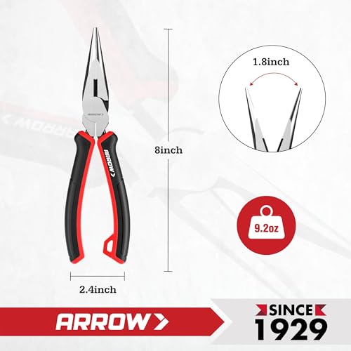 ARROW Needle Nose Pliers, 8-inch Long Nose Cutting Pliers with Wire Cutter, Comfortable TPR Handle, High Carbon Steel, High Leverage Diagonal Design - size: 8 Inch