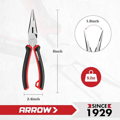 ARROW Needle Nose Pliers, 8-inch Long Nose Cutting Pliers with Wire Cutter, Comfortable TPR Handle, High Carbon Steel, High Leverage Diagonal Design - size: 8 Inch