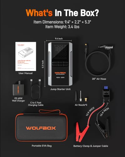 WOLFBOX 4000A Jump Starter with Air Compressor, 88.8Wh Car Battery Jumper Starter Portable(10L Gas/10L Diesel), 12V Booster Jump Box Pack with 160PSI Tire Inflator, 65W Fast Charger, Jumper Cables - size: 4000A + 65W Charger