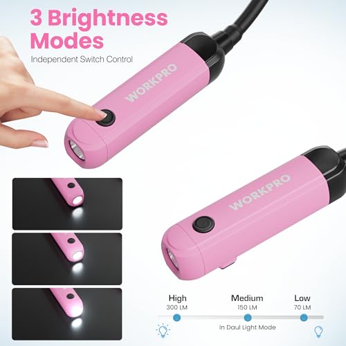 WORKPRO Rechargeable Neck Light, 3 Brightness Hands-Free Neck Work Light | Hands-Free Lighting, Bendable Silicone Arm, Neck Reading Light, for Mechanics, Camping, DIY Projects, Crafting, Pink Ribbon - color: Pink