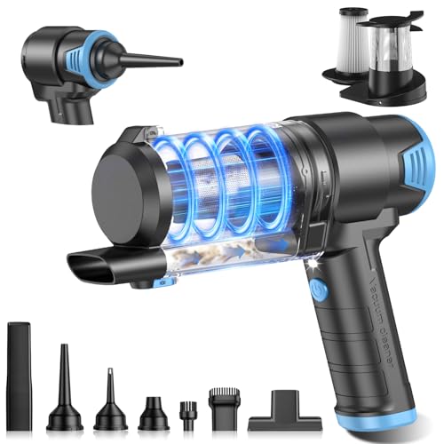 KMM Handheld Car Vacuum Cleaner, 16000PA Air Duster & Vacuum Cleaner, 120W High Power Hand Held Vacuum Cordless, Portable Vacuum Rechargeable with Multi-Nozzles & LED Light for Car, Home, Pet, Office - color: Blue & Black