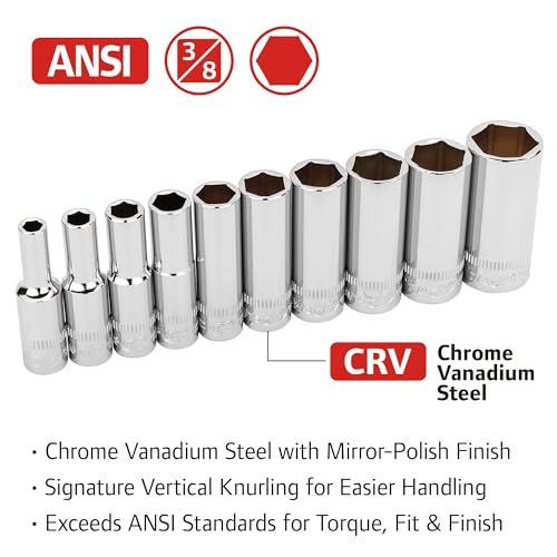Ingersoll Rand 10 Pc. 3/8" Drive Deep Socket Set, SAE 6-Point, Chrome Vanadium Steel, 1/4"–7/8" with Storage Tray – 752050X - size: 3/8 in. Drive Deep Socket Set, style: SAE