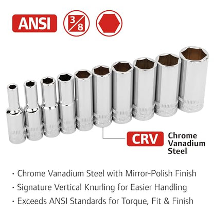 Ingersoll Rand 10 Pc. 3/8" Drive Deep Socket Set, SAE 6-Point, Chrome Vanadium Steel, 1/4"–7/8" with Storage Tray – 752050X - size: 3/8 in. Drive Deep Socket Set, style: SAE