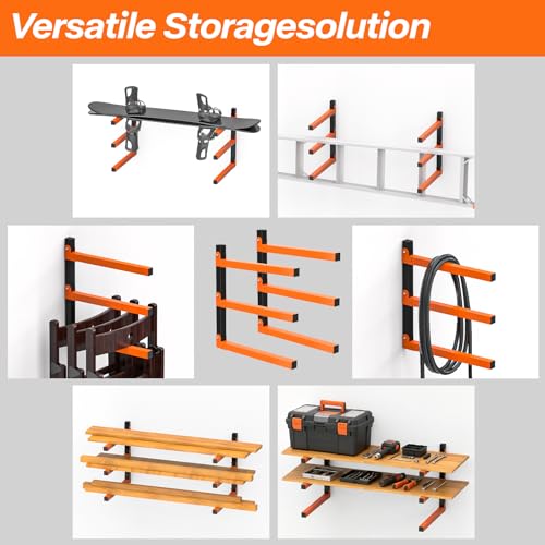 TVKB 2 Pack Heavy Duty Lumber Storage Rack, Wall Mount Wood Rack with 3-Level, Garage Wood Storage Shelves for Lumber, Plywood & Long Tools, Orange, Indoor/Outdoor