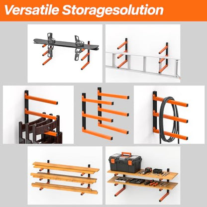 TVKB 2 Pack Heavy Duty Lumber Storage Rack, Wall Mount Wood Rack with 3-Level, Garage Wood Storage Shelves for Lumber, Plywood & Long Tools, Orange, Indoor/Outdoor