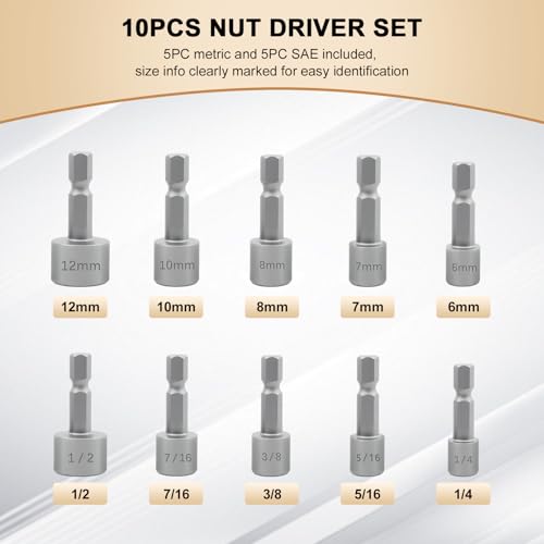 XUDYVCO 10PCS Power Nut Driver Set for Impact Drill, Professional Metric & SAE Nut Drivers Bit Set with Tight Fit Storage Holder, Drill Socket Set with Ridge Design 1/4 Hex Shank for Wide Compability
