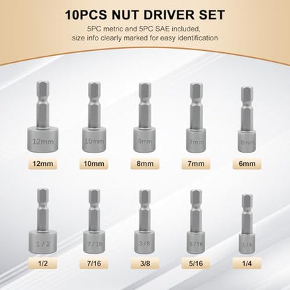 XUDYVCO 10PCS Power Nut Driver Set for Impact Drill, Professional Metric & SAE Nut Drivers Bit Set with Tight Fit Storage Holder, Drill Socket Set with Ridge Design 1/4 Hex Shank for Wide Compability
