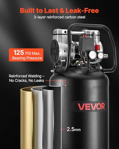 VEVOR 10-Gallon Air Compressor, 2HP 4.8 SCFM at 90PSI, Max 125PSI Pressure Oil-Free Air Compressor Tank, Portable on Wheels for Auto Repair, Tire Inflation, Spray Painting, Woodwork Nailing, 120V - size: 10-Gallon