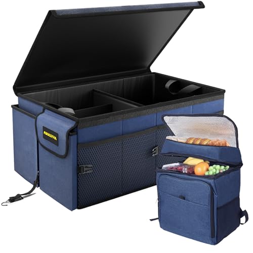 MIKKUPPA Car Trunk Organizer with Cooler - 65L Collapsible Trunk Organizer with Lid, Sturdy Car Storage for SUV Auto Truck Van with Adjustable Straps and Non Slip Bottom (Blue) - color: Blue, size: Large - With Lid/Cooler