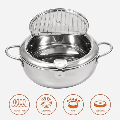 Kerilyn Deep Fryer Pot, 9.4 Inch/3.4 L Janpanese Style Tempura Frying Pot with Lid, 304 Stainless Steel with Temperature Control and Oil Drip Drainer Rack, for Kitchen French Fries, Chicken etc - size: 9.4 Inch