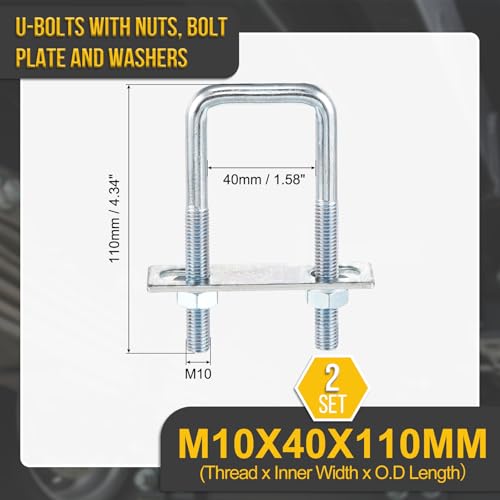 DTGN M10x40x110mm U Bolts Square Kit - 2Set - Carbon Steel U-Bolt Kit with Nuts, Washers, Frame Plate - Good for Pipe, Trailer, Automotive, Leaf Spring Fastener - size: M10x40x110mm