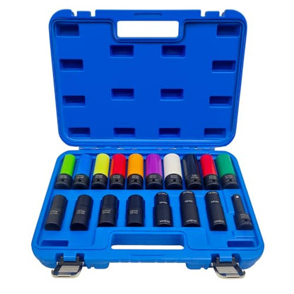 18PCS 1/2" Drive Lug Nut Socket Set, Thin Wall Lug Nut Sockets with Colored Protective Covers, 6 Point & 12 Point Twist Double Ended Twist Socket Set, Flower Head, Impact Extension Bar
