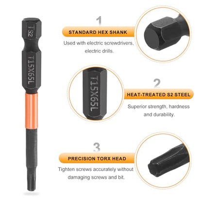HARFINGTON 3pcs T15 Torx Head Screwdriver Bit 2.56" (65mm) Long 1/4" Hex Shank Magnetic No Hole Tamper Proof 6 Point Star Screw Driver Drill Bits Phosphate S2 Steel Industrial Power Tools - size: T15