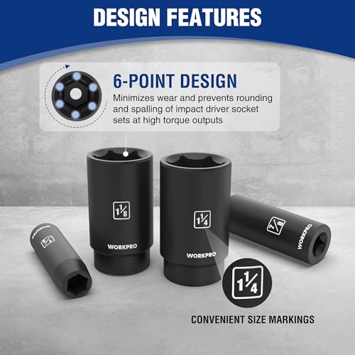 WORKPRO 14-Piece 1/2＂ Drive Deep Impact Socket Set, 6-Point Impact Deep Socket Set with Heavy Duty Storage Case for Automotive and Mechanical Repairs, 3/8"-1-1/4", Cr-V Steel, SAE - style: 14PC, SAE