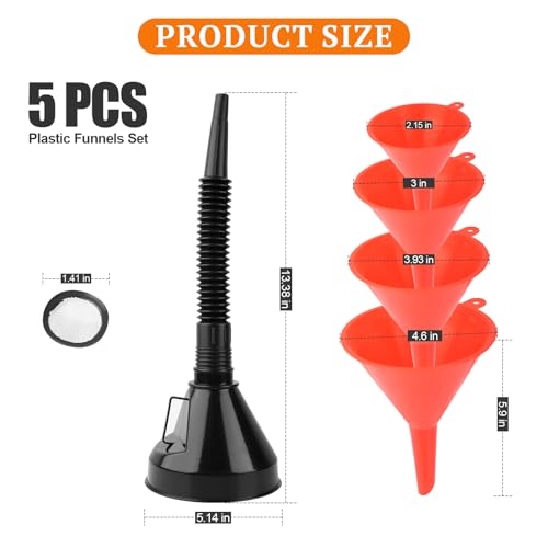 5 Pcs Automotive Funnels Set | Wide Mouth Fuel Funnels with Detachable Spout and Filter, Oil Funnel Kits for Filling Coolant, Engine Oil, Water, Gasoline
