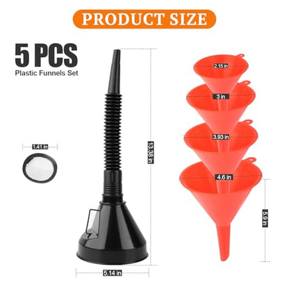 5 Pcs Automotive Funnels Set | Wide Mouth Fuel Funnels with Detachable Spout and Filter, Oil Funnel Kits for Filling Coolant, Engine Oil, Water, Gasoline
