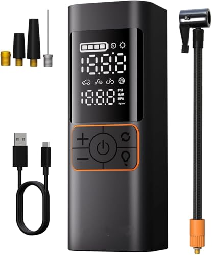 Tire Inflator Portable Air Compressor, 180PSI Air Pump with Dual Digital Pressure Gauge, Fast Inflation 32L/Min, Auto Shut-Off & LED Light, 3*2000mAh Battery Capacity, for Car, Motorcycle, Bike, Ball