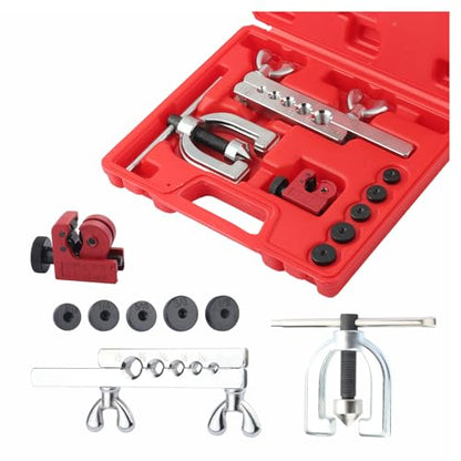 Brake Line Flaring Tool Kit with 5 Adapters 3/16",1/4",5/16",3/8",1/2" | Double & Single Brake Flaring Tool Kit with Tube Cutter/Flare Rod,Essential Brakes Flare Tools Kits,Brake Tubing Flare Tools
