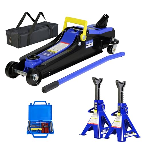 Hydraulic Trolley Service/2-Ton Floor Jack with 3T Jack Stands&Tire Repair Kit for Garages, Automotive, Heavy Duty Steel Racing Floor Jack with Single Piston Quick Lift Pump, Range 3.3"-15.2" - color: Blue&Black-2T-Single Pump-2