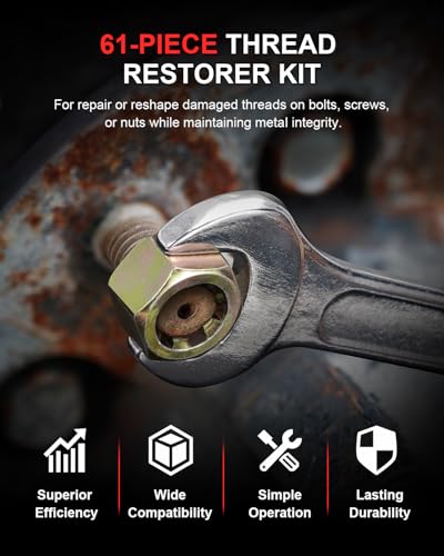 Kolvoii 61-Piece Thread Restorer Kit, Metric & SAE Thread Chaser Set with Taps, Dies, Files & Pitch Gauges – UNC, UNF, Metric Rethread Damaged Threads on Bolts, Nuts & Holes - size: 61 PCS Metric & SAE
