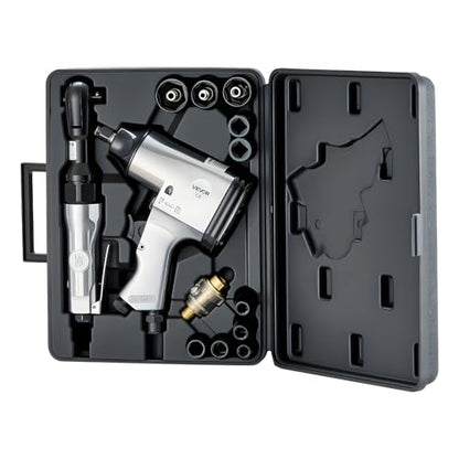 VEVOR 1/2" Air Impact Wrench & 3/8" Ratchet Wrench Combo, 19 Pieces Pro Air Tool and Accessories Kit - Includes 10PCS CR-V Steel Impact Socket Set & Carrying Case for Auto Repair, Home DIY Projects - style: 19 Pieces