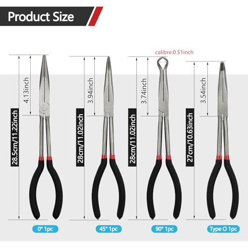 4 Pack 11" Precision Long Nose Pliers Set, Insulated Comfort Grip - Straight Needle Nose, 45/90 Degree Curved & Circle Tools for Wire Bending, Shaping, Trimming - size: 4pcs-11''