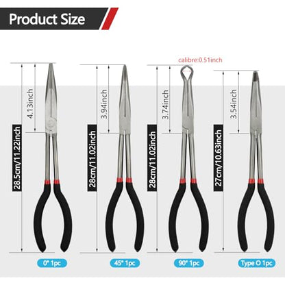 4 Pack 11" Precision Long Nose Pliers Set, Insulated Comfort Grip - Straight Needle Nose, 45/90 Degree Curved & Circle Tools for Wire Bending, Shaping, Trimming - size: 4pcs-11''