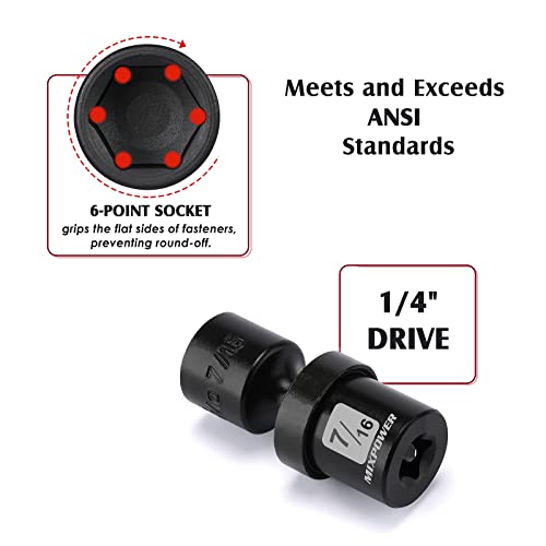 MIXPOWER 6PCS 1/4" Drive SAE Shallow Universal Impact Socket Set, 1/4" - 9/16", Swivel Socket with Flexible Wobble, CR-MO - size: 6 Pcs SAE 1/4" Dr. (Shallow)