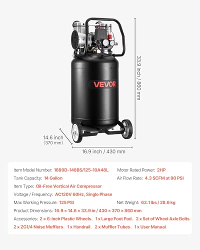 VEVOR 14-Gallon Air Compressor, 2HP 4.3 SCFM at 90PSI, Max 125PSI Pressure Oil-Free Air Compressor Tank, Portable on Wheels for Auto Repair, Tire Inflation, Spray Painting, Woodwork Nailing, 120V - size: 14-Gallon