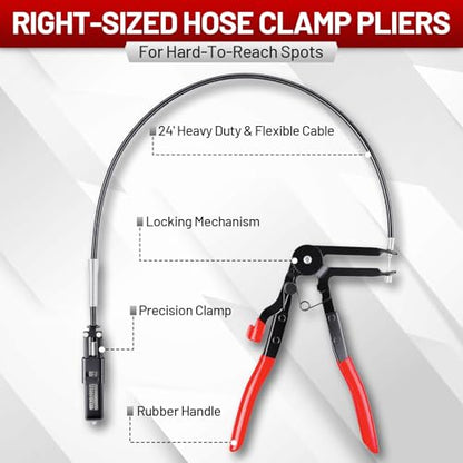 4PCS Hose Clamp Pliers Kit, Long Reach Wire Spring Plier, Hose Remover and Flat Band Pliers for Water Hose and Automotive Radiator Heater, Fuel, Coolant, Oil Removal with Bag