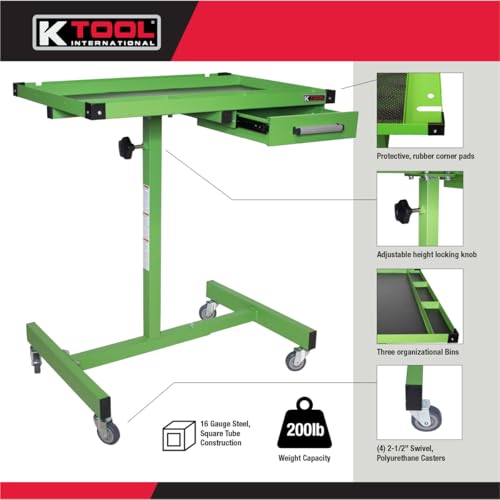 K Tool International 75108 Adjustable 30 Inch Teardown Worktable with Drawer, 200 lb Capacity, Height Adjustable 34 to 47.75 Inches, HD Steel Construction with Swivel Casters, Rubber Bumper Corners