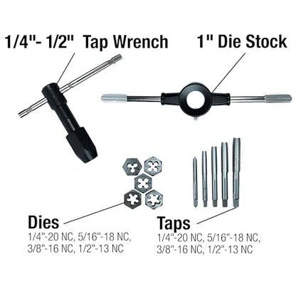 Century Drill & Tool 98922 Fractional Tap & Die Set, 12 Piece | 12 Piece Fractional Tap & Die Set is, consistently formed threads to ensure, exact fits - size: 12 Piece