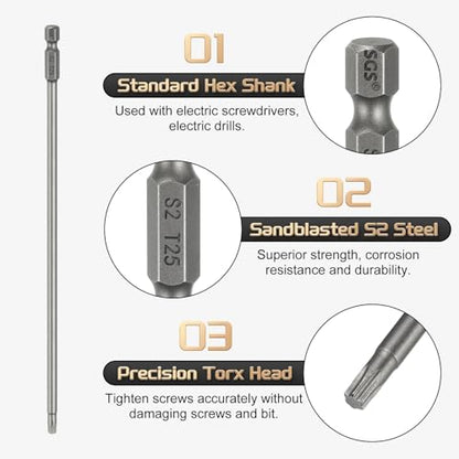 HARFINGTON 5pcs T25 Torx Head Screwdriver Bit 1/4" Hex Shank 8" (200mm) Long Magnetic No Hole Tip Tamper Proof 6 Point Star Screw Driver Drill Bits S2 Steel Industrial Power Screwdrivers - size: T25 x 8"(200mm)