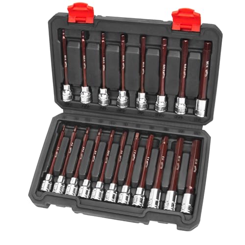 LLNEDL 3/8 Inch Drive Long Allen Hex Bit Socket Set, 19-Piece Hex Head Standard SAE & Metric Sockets (1/8"-3/8", 3-12mm), S2 Alloy Steel Durable Tools for Mechanics - size: 19pcs 3/8 inch socket set