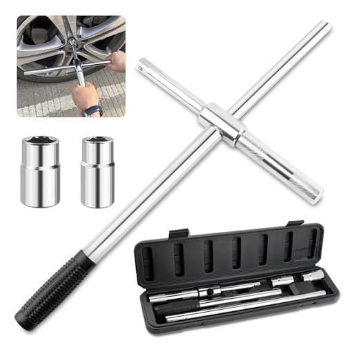 Extended Lug Nut Removal Tool Kit with 4 Way Lug Wrench,23" Telescopic Tire Iron Lug Wrench with 2 Standard Sockets(17,19,21,23mm) and Case,Portable Lug Nut Wrench for Most Vehicles
